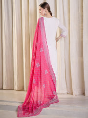 White Embroidered Straight Kurta Trousers With Dupatta Set
