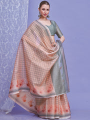 ساري نسائي من الكتان بلون الخوخ بتصميم منسوج مع قطعة بلوزة