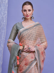 ساري نسائي من الكتان بلون الخوخ بتصميم منسوج مع قطعة بلوزة