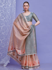 ساري نسائي من الكتان بلون الخوخ بتصميم منسوج مع قطعة بلوزة