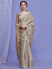 ساري نسائي رمادي من الكتان المنسوج بتصميم فاخر مع قطعة بلوزة