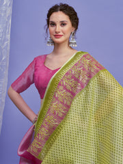 ساري نسائي من الكتان الأخضر الفاتح بتصميم منسوج مع قطعة بلوزة