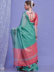 ساري نسائي من الكتان الفيروزي بتصميم منسوج مع قطعة بلوزة