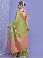 ساري نسائي من الكتان الأخضر الفاتح بتصميم منسوج مع قطعة بلوزة