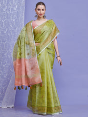 ساري نسائي من الكتان الأخضر الفاتح بتصميم منسوج مع قطعة بلوزة