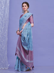 ساري نسائي من الكتان الأزرق الفاتح بتصميم منسوج مع قطعة بلوزة