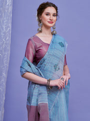 ساري نسائي من الكتان الأزرق الفاتح بتصميم منسوج مع قطعة بلوزة