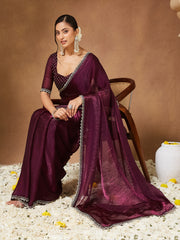 Women's Chiffon Purple Embellished Designer Saree With Blouse Piece