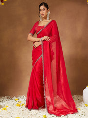 Women's Chiffon Red Embellished Designer Saree With Blouse Piece