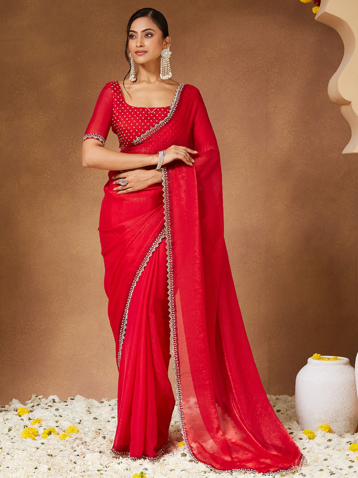 Women's Chiffon Red Embellished Designer Saree With Blouse Piece