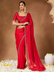 Women's Chiffon Red Embellished Designer Saree With Blouse Piece