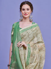 ساري نسائي أبيض من الكتان المنسوج بتصميم فاخر مع قطعة بلوزة