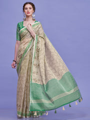 ساري نسائي أبيض من الكتان المنسوج بتصميم فاخر مع قطعة بلوزة