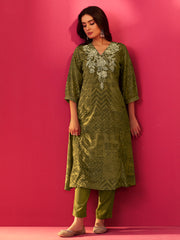 Green Embroidered Straight Kurta Trousers Set
