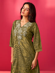 Green Embroidered Straight Kurta Trousers Set