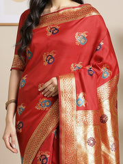 Women's Silk Blend Red Woven Design DesignerSaree With Blouse Piece
