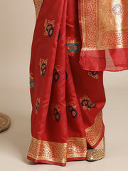 Women's Silk Blend Red Woven Design DesignerSaree With Blouse Piece