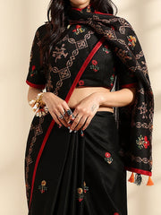 ساري نسائي أسود مطبوع من حرير الجوت مع قطعة بلوزة