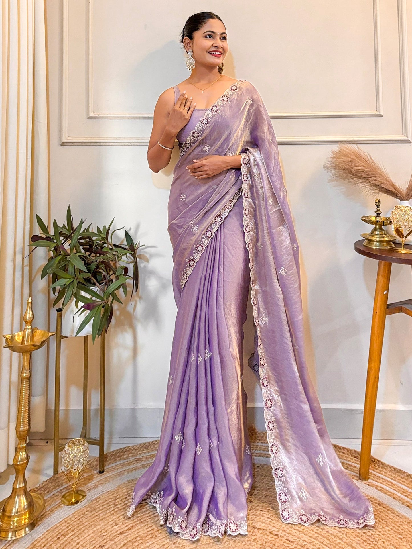 Women's Satin Lavender Zari Embroidered Designer Saree With Blouse Piece