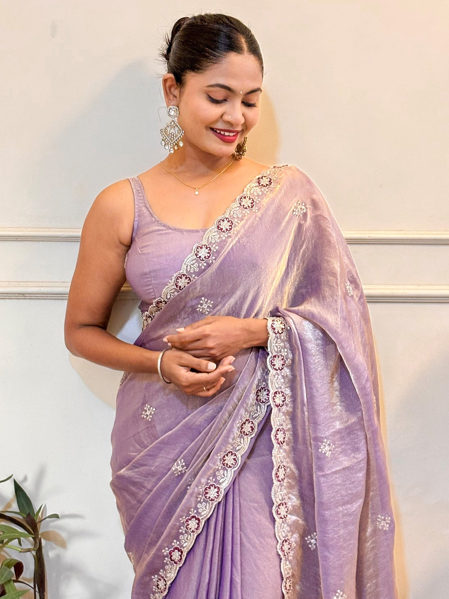 Women's Satin Lavender Zari Embroidered Designer Saree With Blouse Piece