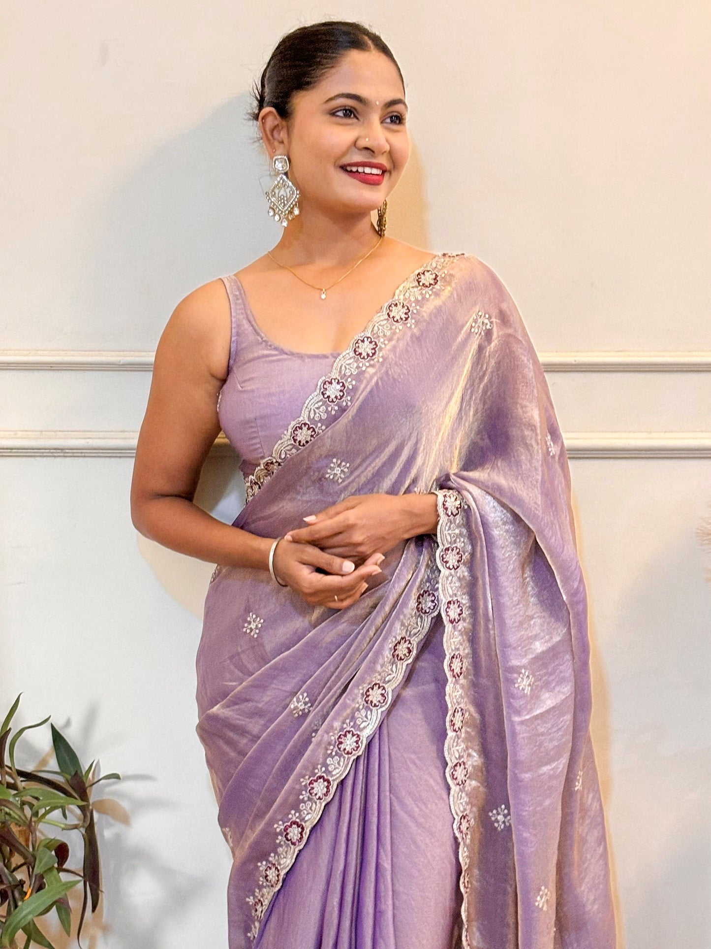 Women's Satin Lavender Zari Embroidered Designer Saree With Blouse Piece