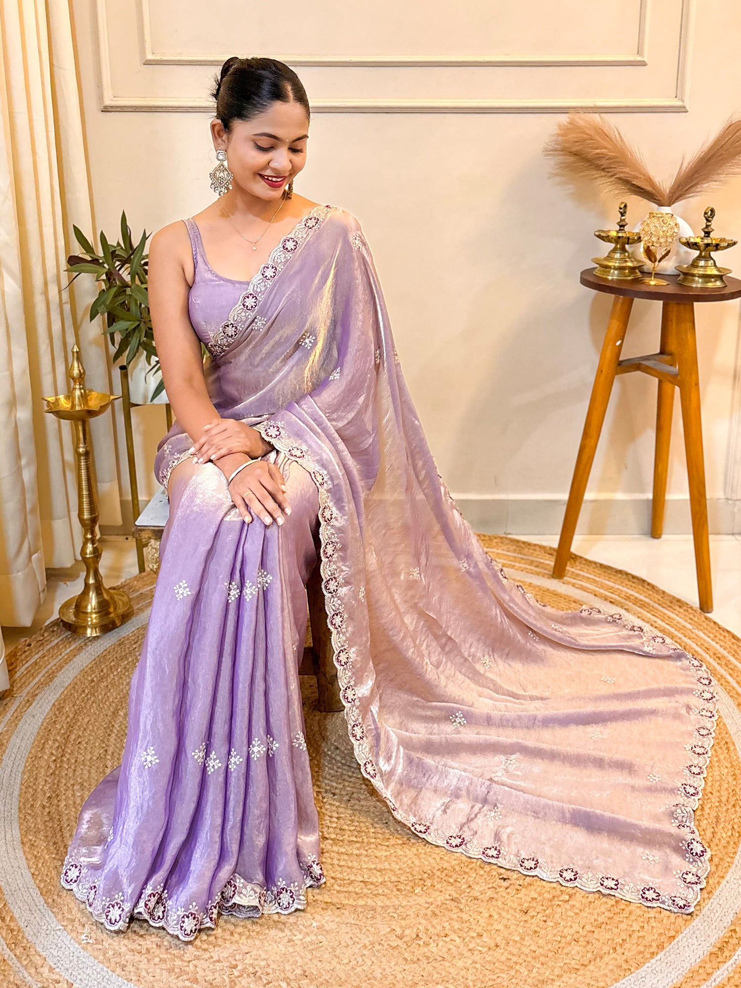 Women's Satin Lavender Zari Embroidered Designer Saree With Blouse Piece