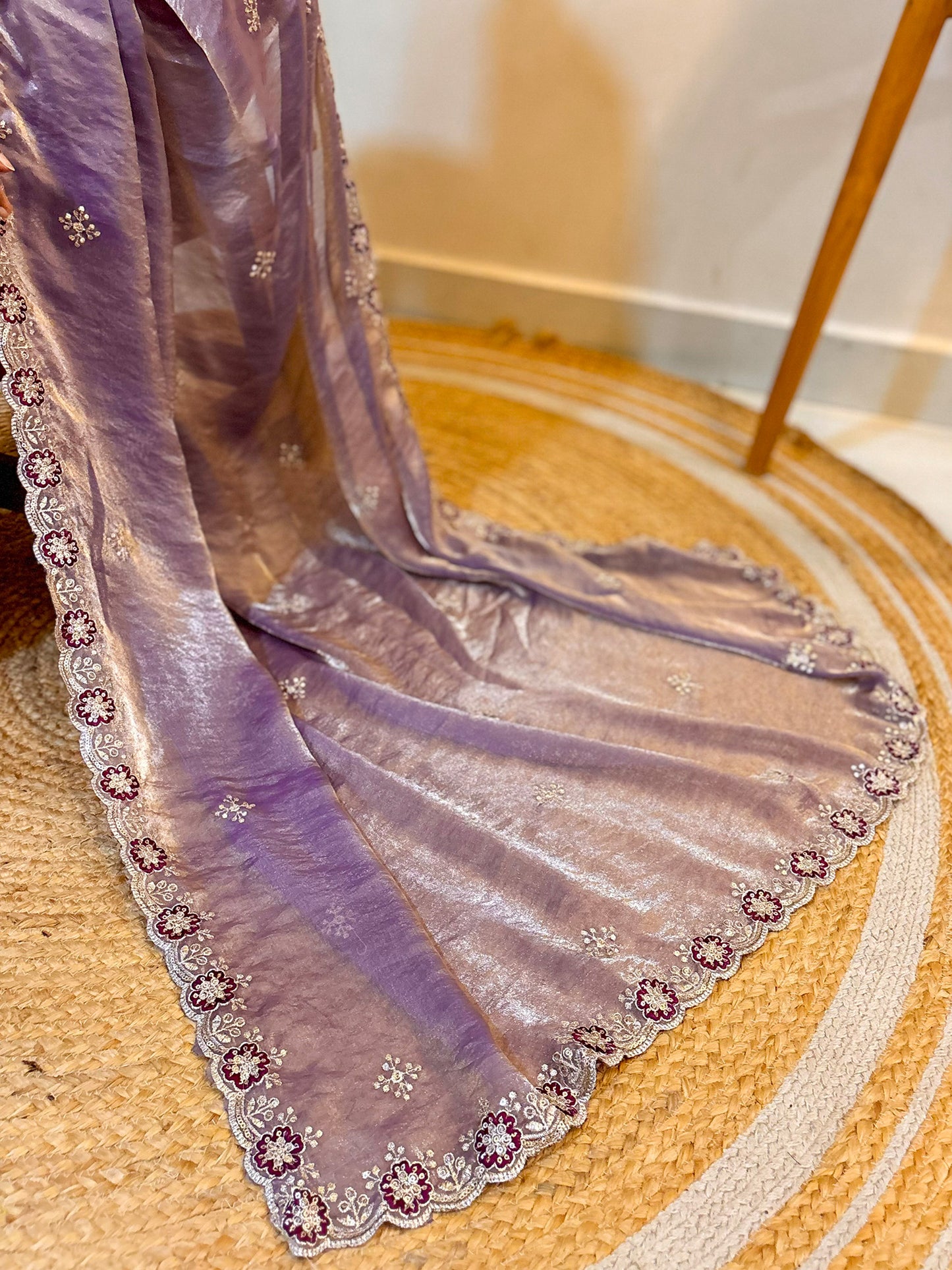 Women's Satin Lavender Zari Embroidered Designer Saree With Blouse Piece