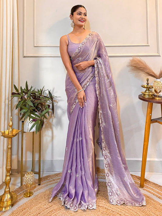 Women's Satin Lavender Zari Embroidered Designer Saree With Blouse Piece