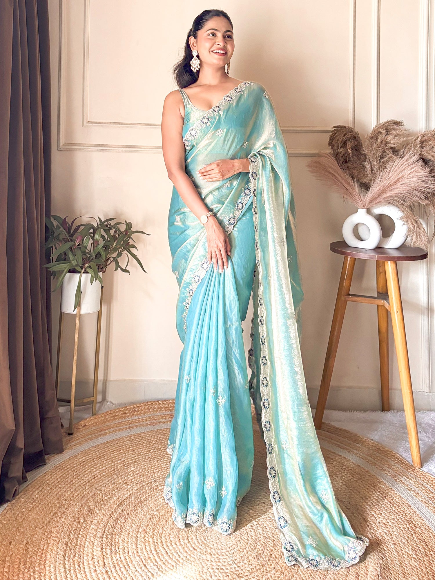 Women's Satin Light Blue Zari Embroidered Designer Saree With Blouse Piece