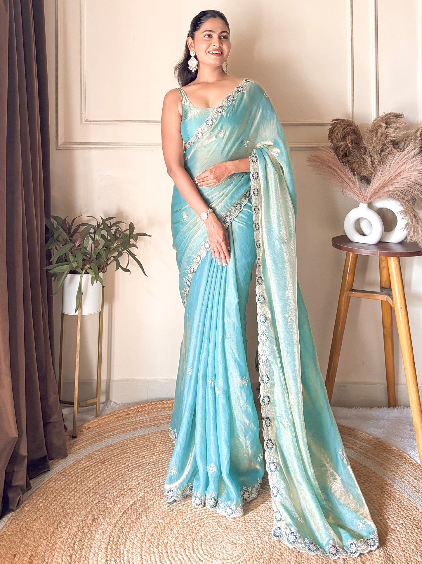 Women's Satin Light Blue Zari Embroidered Designer Saree With Blouse Piece