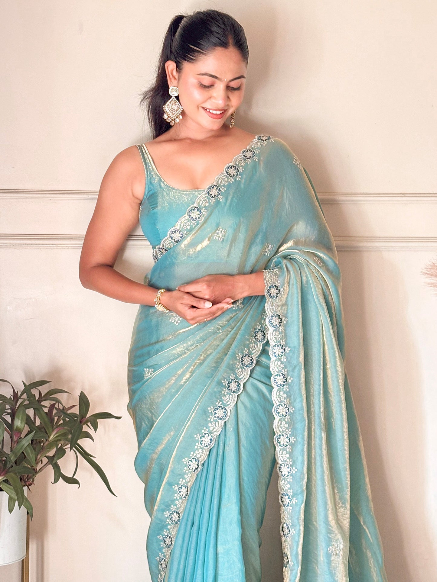 Women's Satin Light Blue Zari Embroidered Designer Saree With Blouse Piece