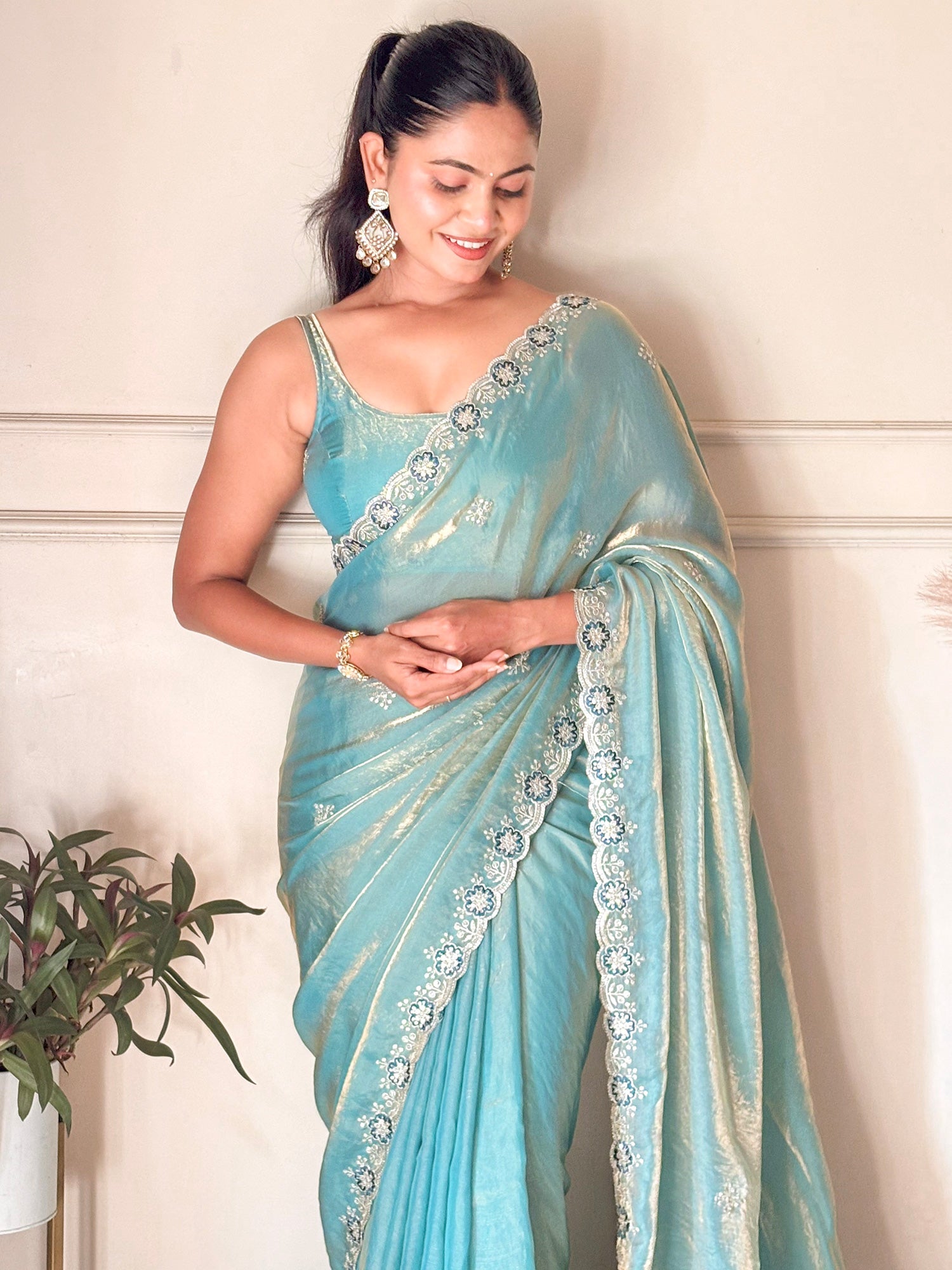 Women's Satin Light Blue Zari Embroidered Designer Saree With Blouse Piece