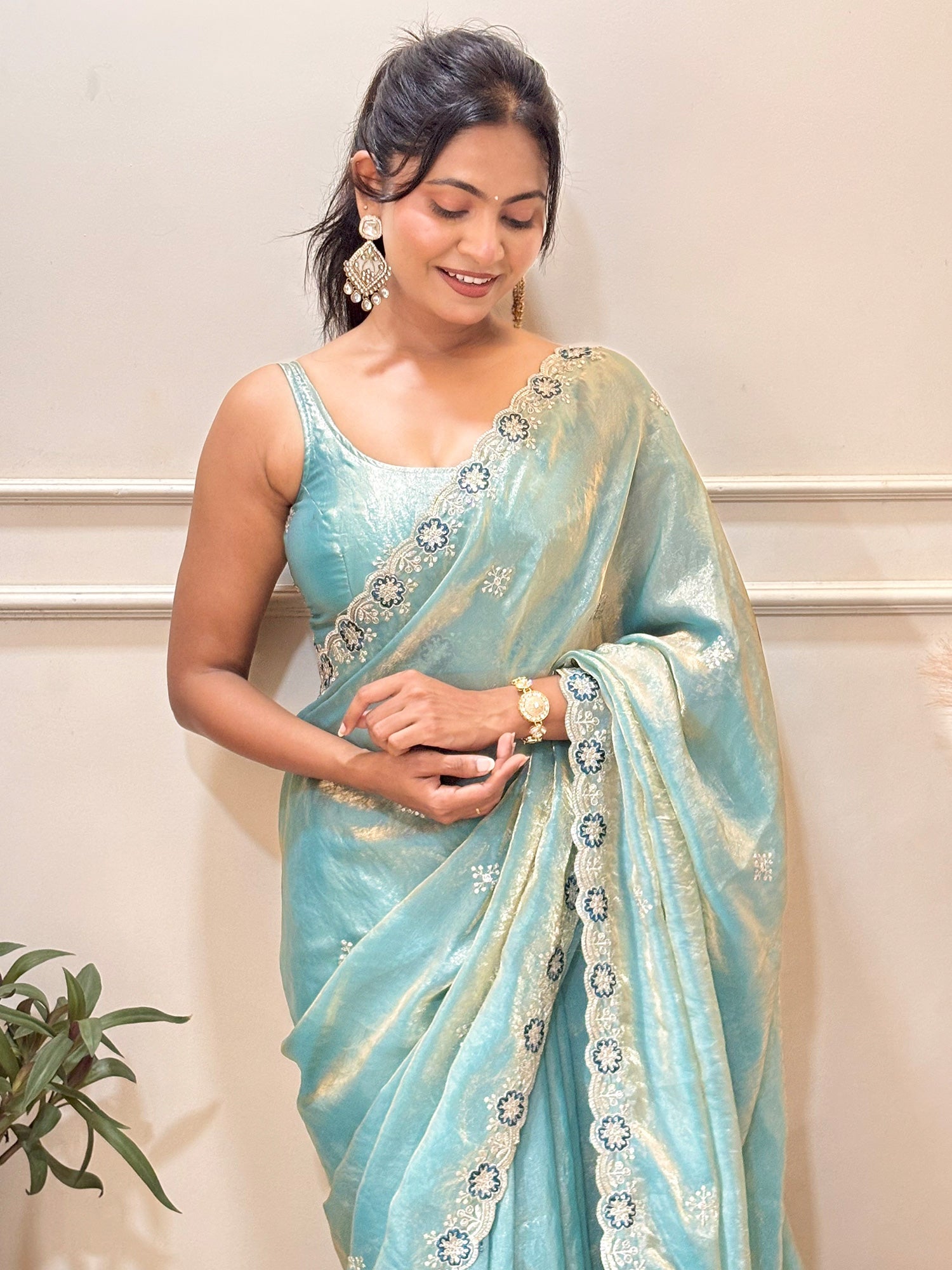 Women's Satin Light Blue Zari Embroidered Designer Saree With Blouse Piece