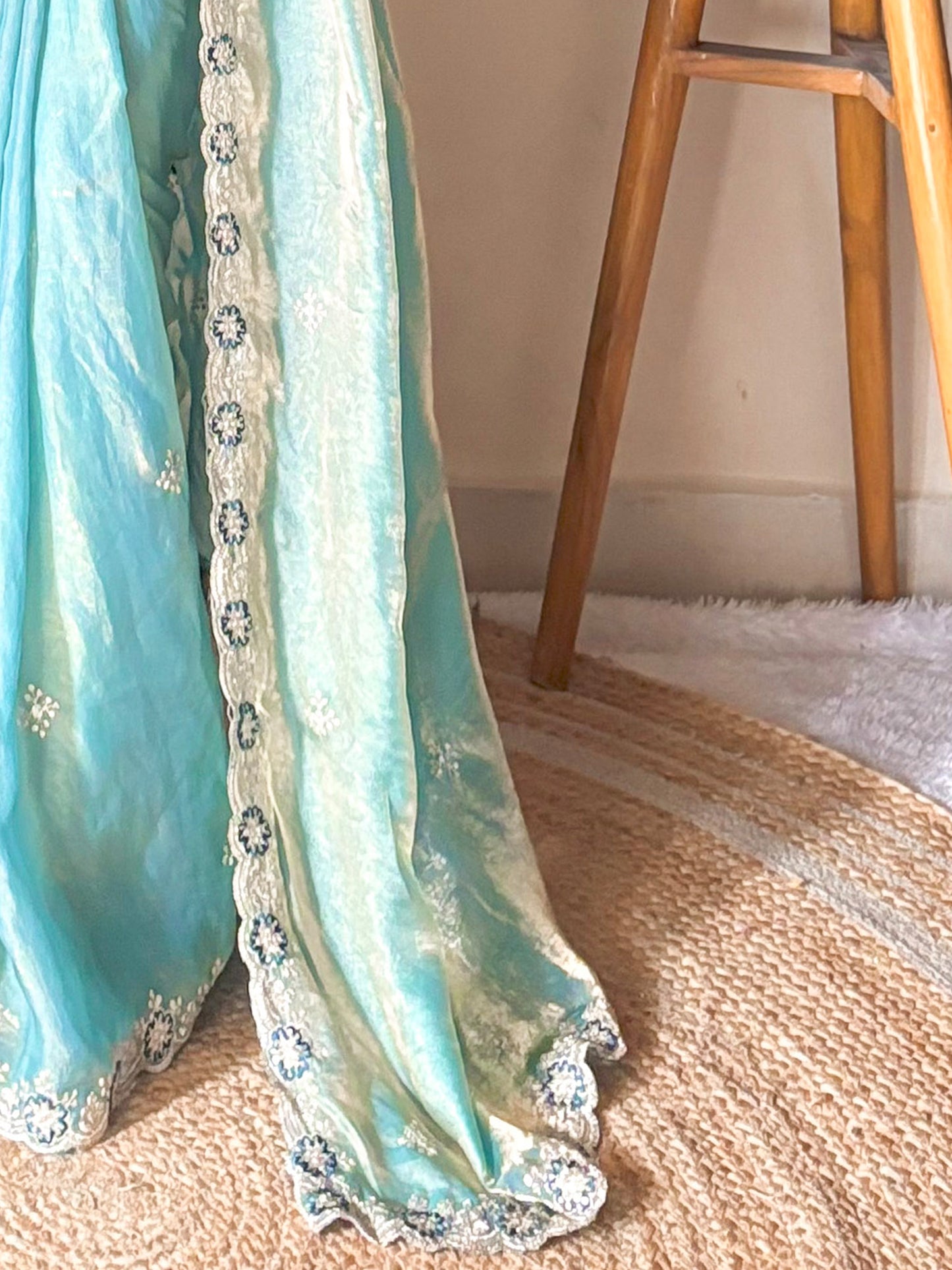 Women's Satin Light Blue Zari Embroidered Designer Saree With Blouse Piece