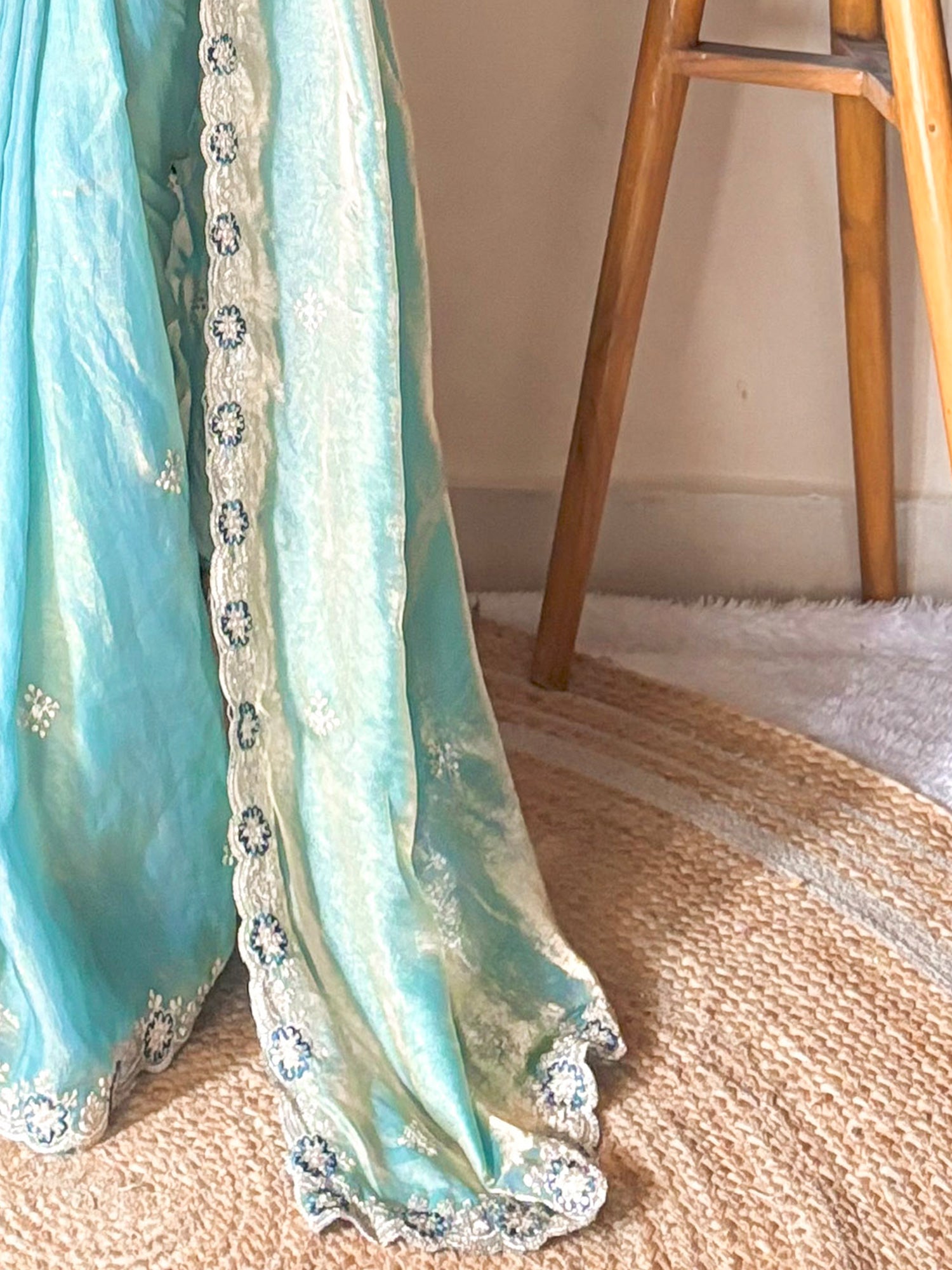 Women's Satin Light Blue Zari Embroidered Designer Saree With Blouse Piece