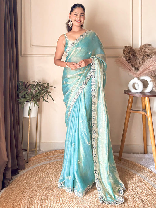 Women's Satin Light Blue Zari Embroidered Designer Saree With Blouse Piece