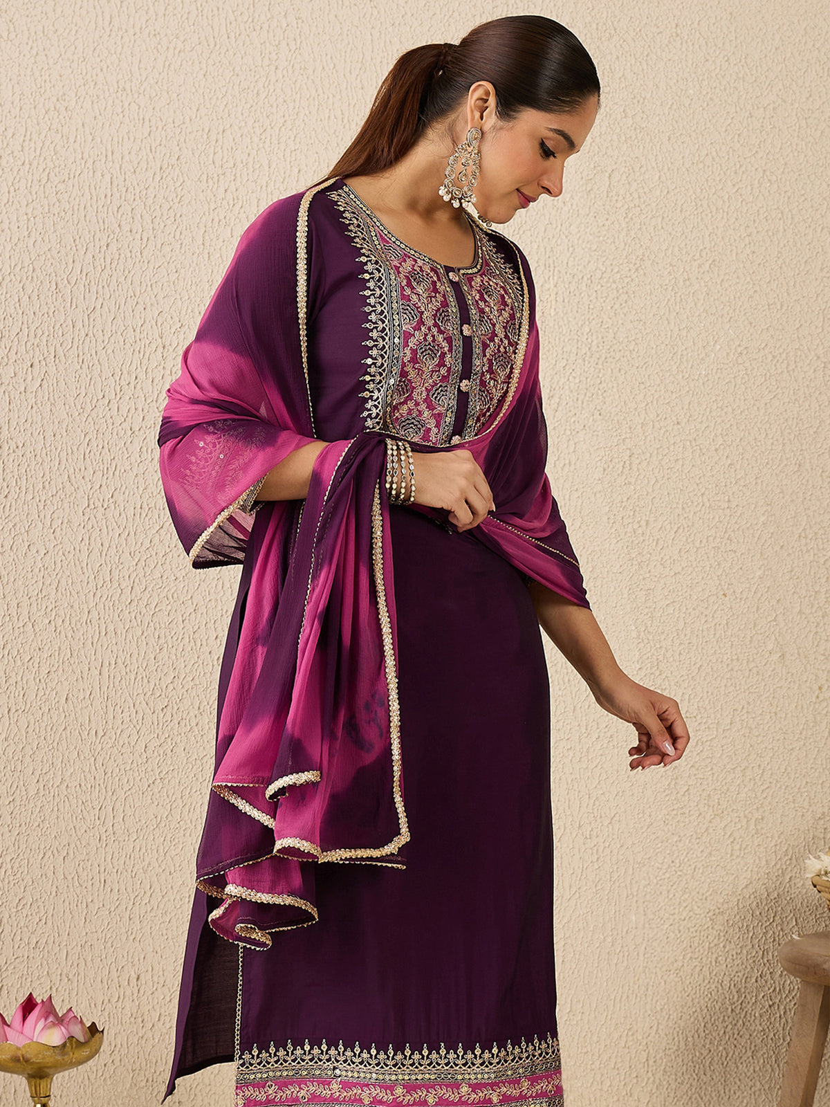 Purple Embroidered Straight Kurta Trousers With Dupatta Set-KH9PR11942