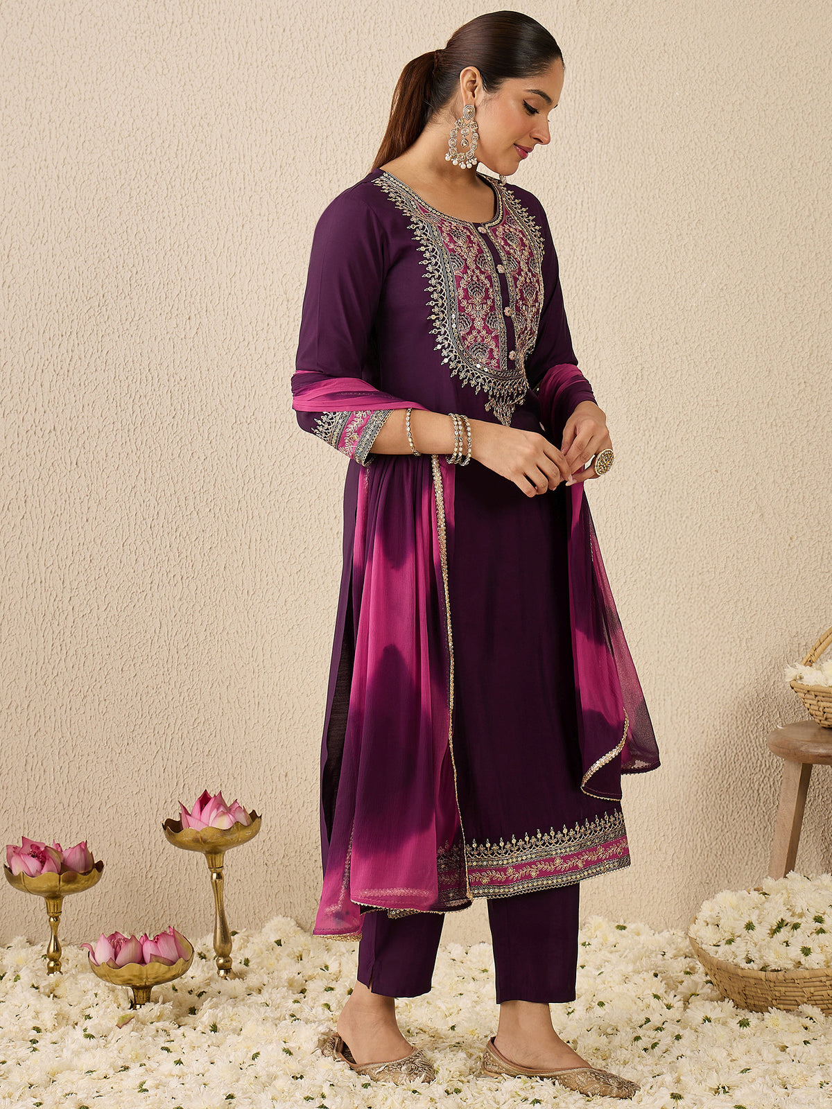 Purple Embroidered Straight Kurta Trousers With Dupatta Set-KH9PR11942