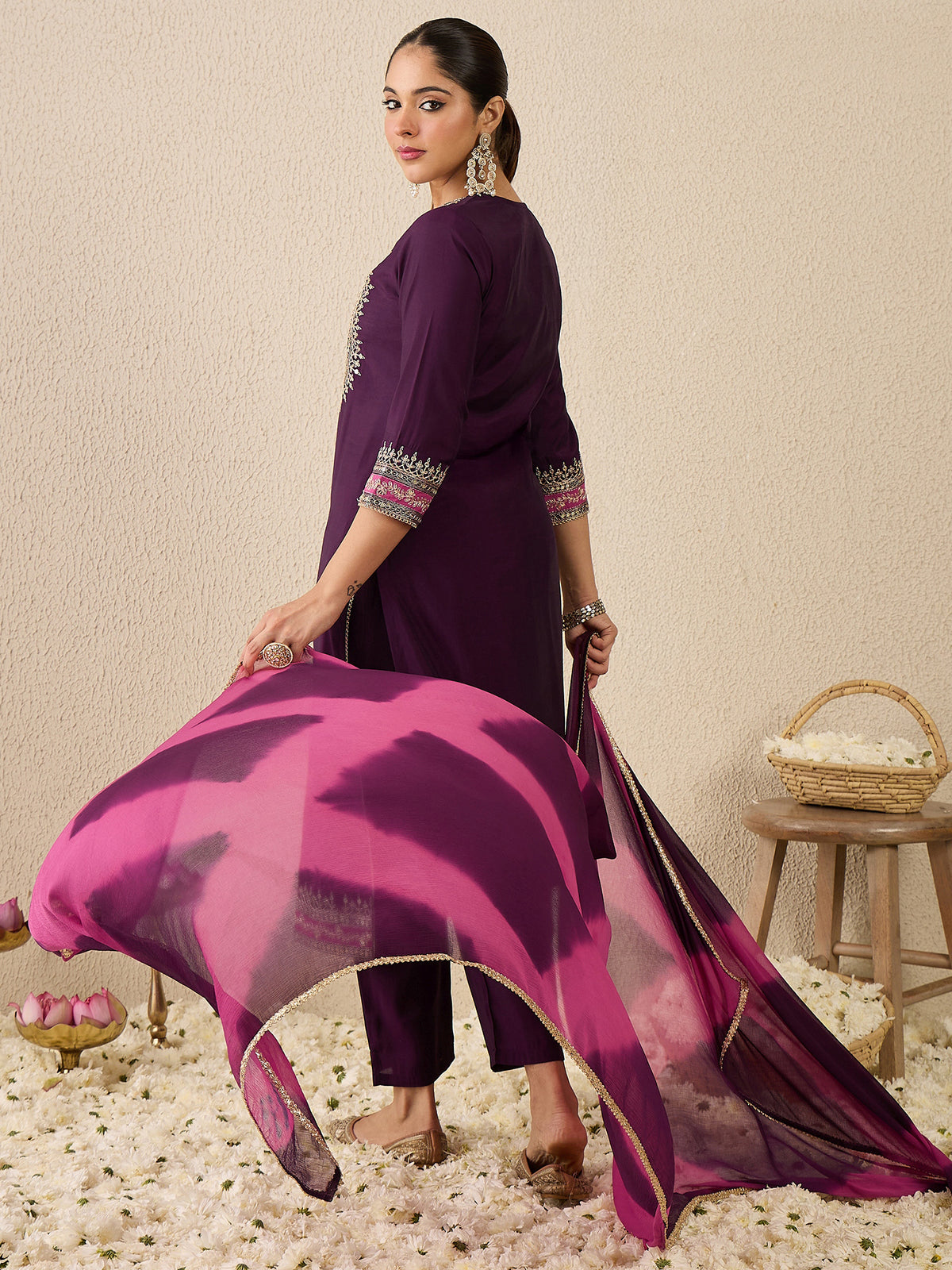 Purple Embroidered Straight Kurta Trousers With Dupatta Set-KH9PR11942