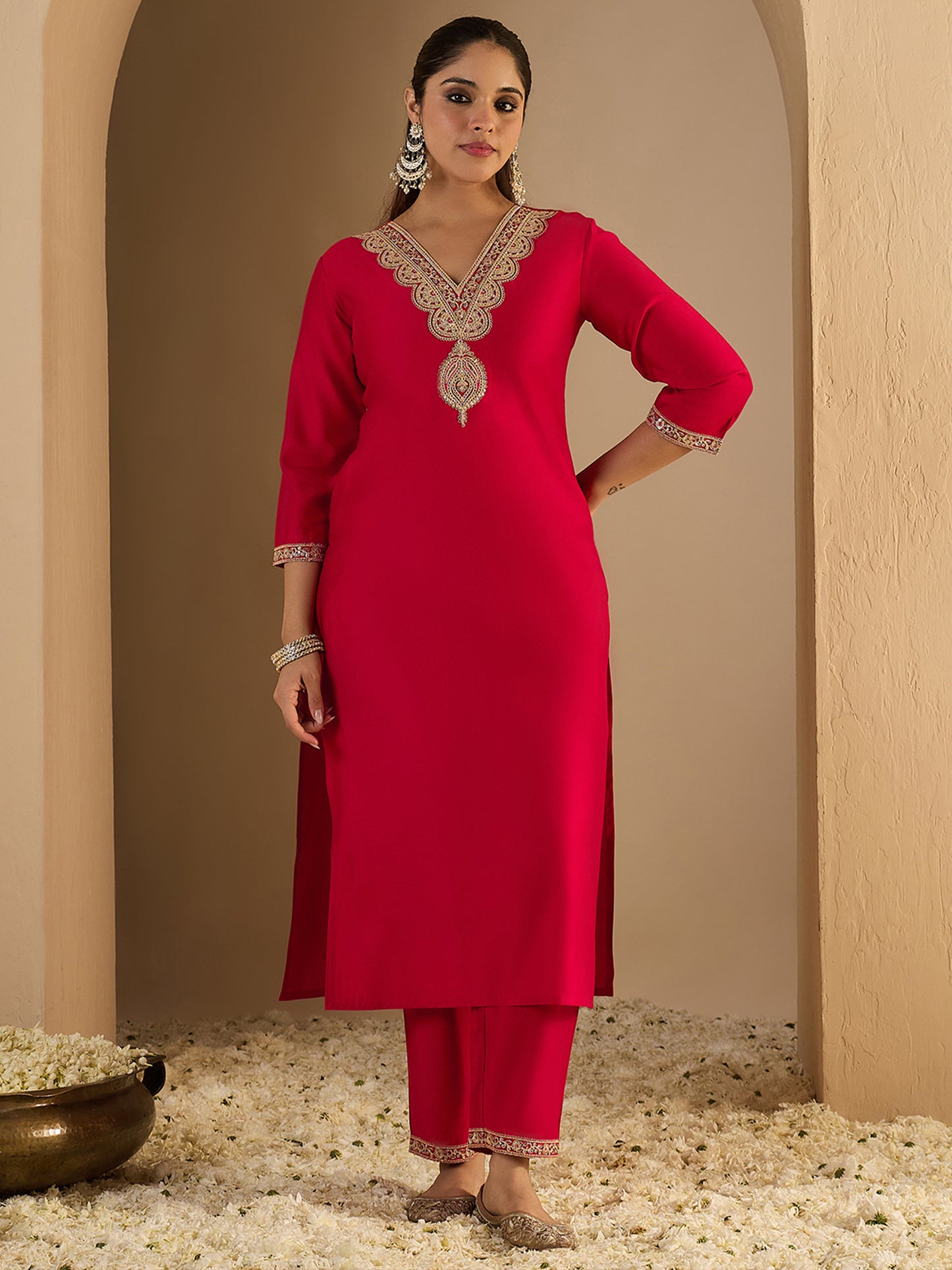 Red Embroidered Straight Kurta Trousers Set