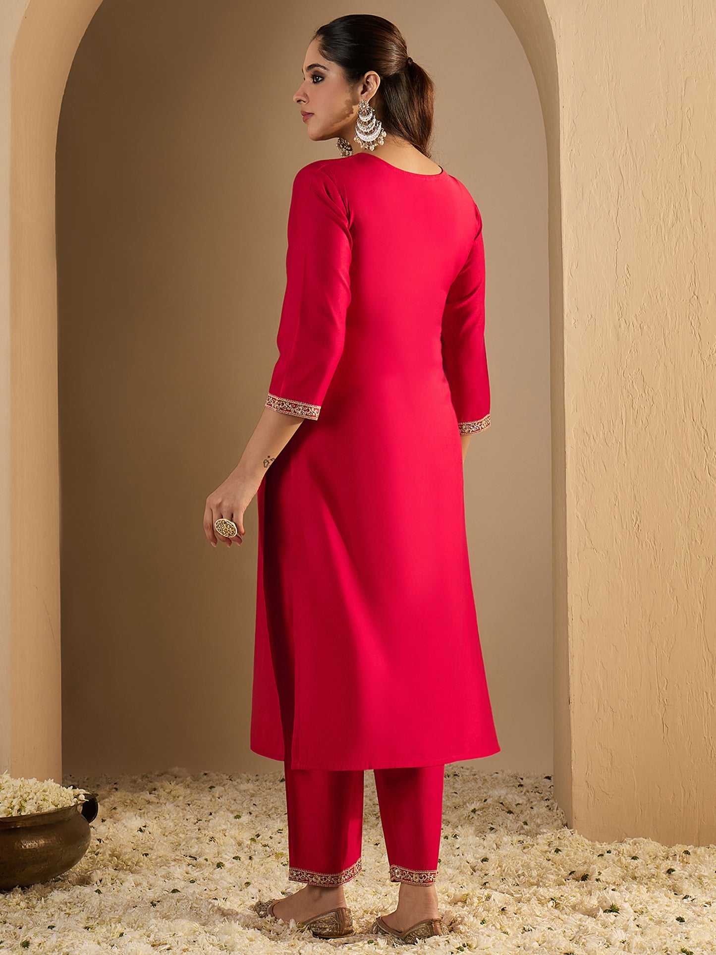Red Embroidered Straight Kurta Trousers Set