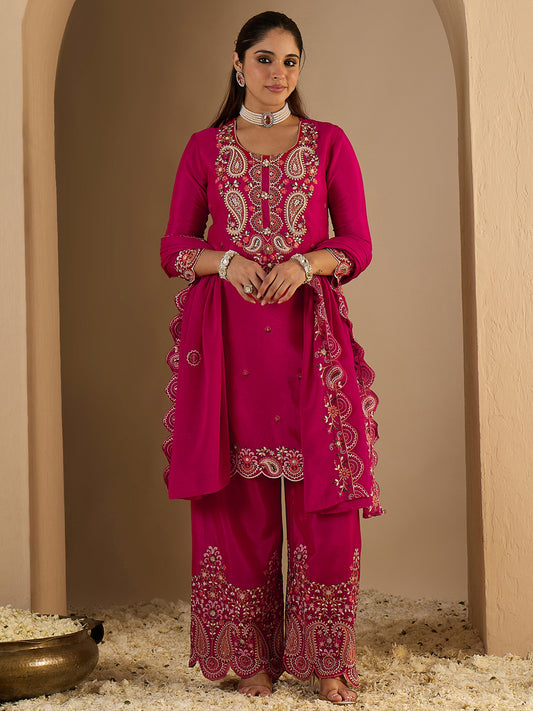 Pink Embroidered Straight Kurta Palazzos With Dupatta Set