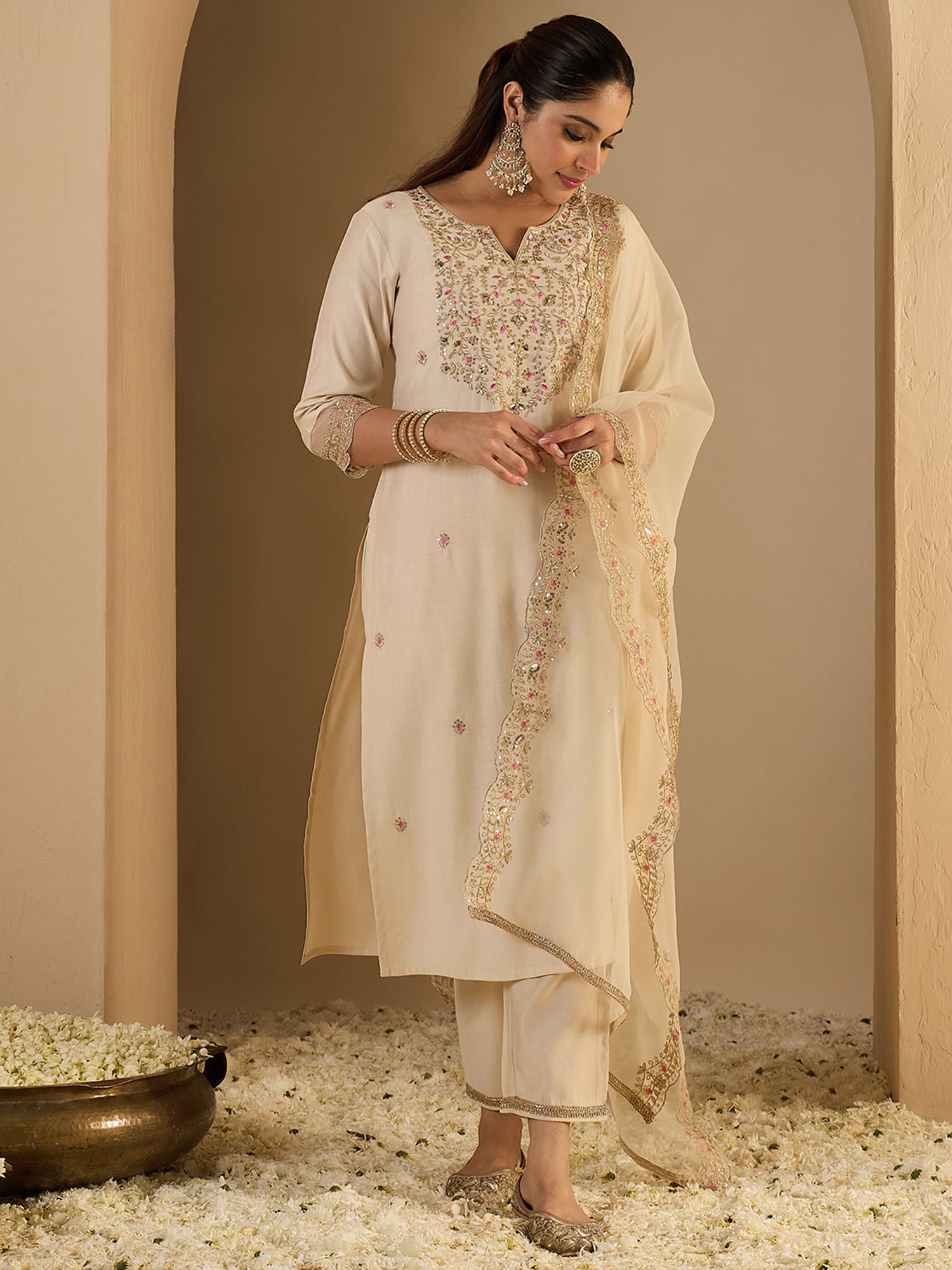 Off White Embroidered Straight Kurta Trousers With Dupatta Set