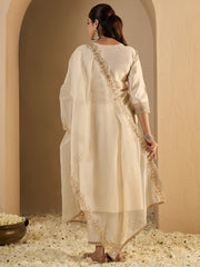 Off White Embroidered Straight Kurta Trousers With Dupatta Set