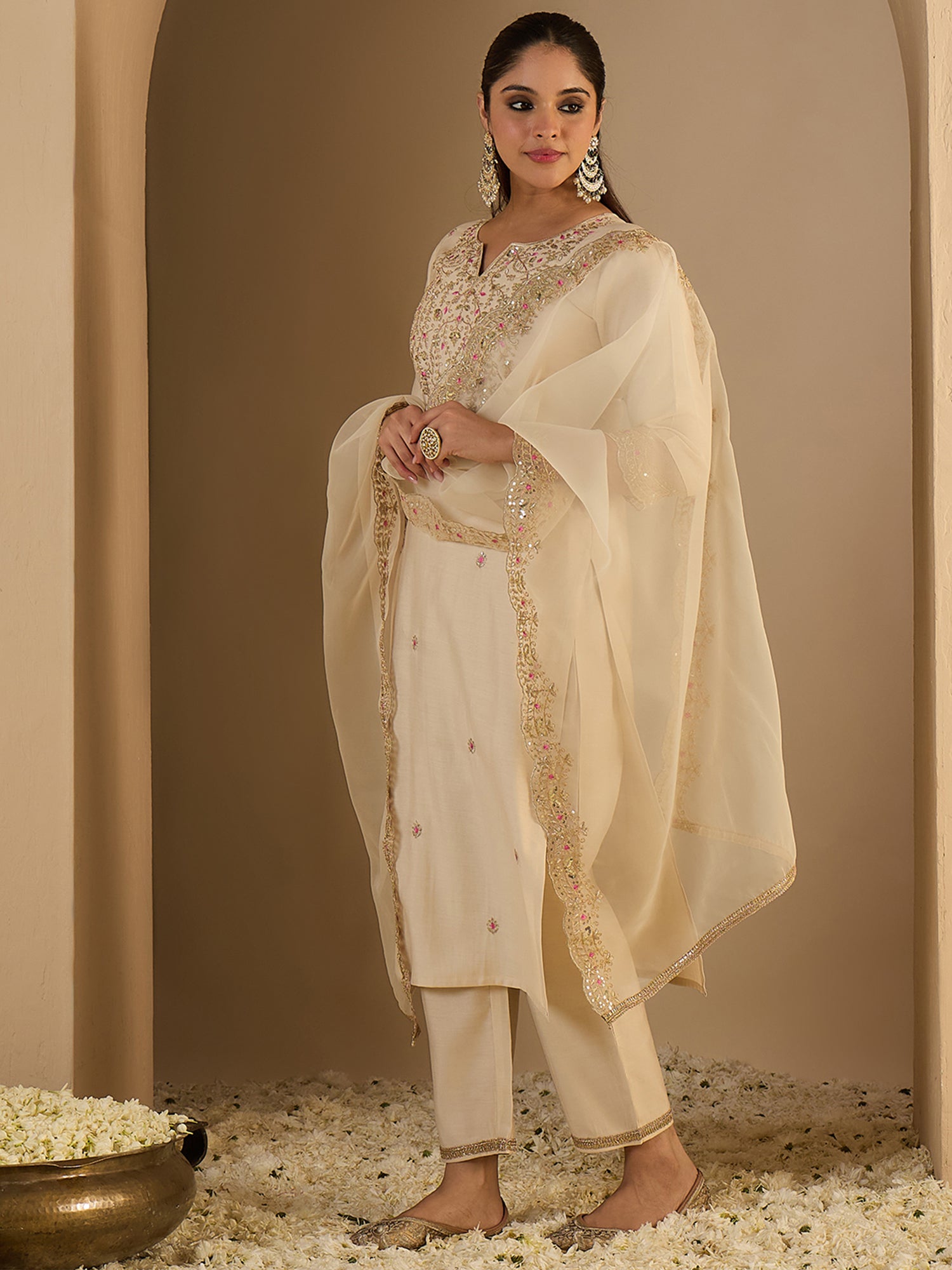 Off White Embroidered Straight Kurta Trousers With Dupatta Set