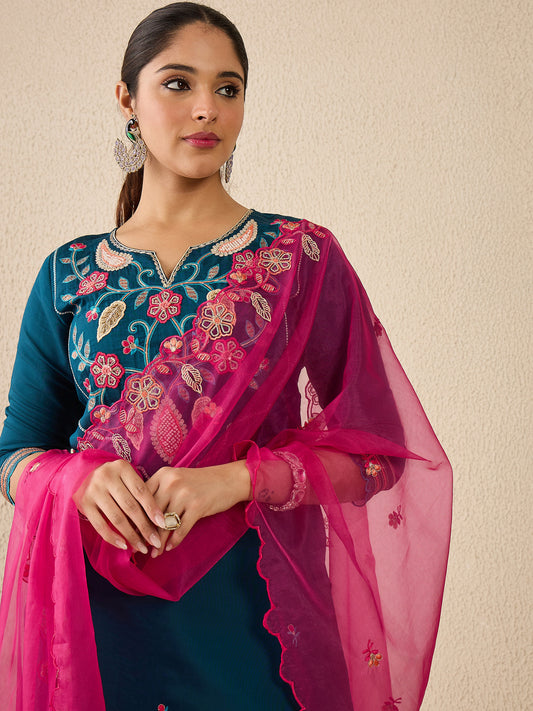 Blue Embroidered Straight Kurta Trousers With Dupatta Set