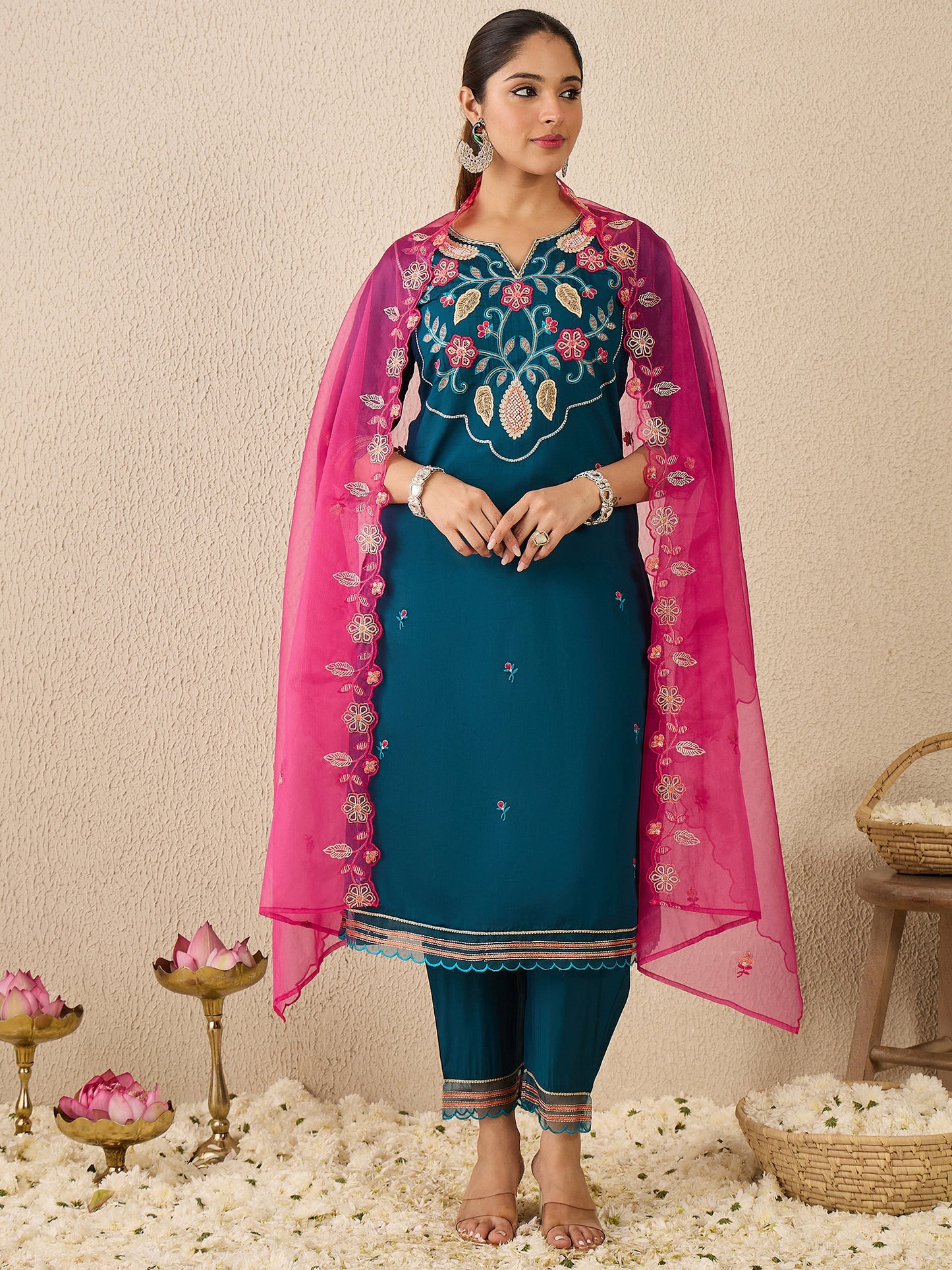Blue Embroidered Straight Kurta Trousers With Dupatta Set