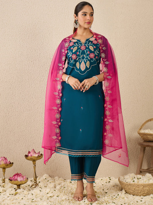 Blue Embroidered Straight Kurta Trousers With Dupatta Set
