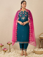 Blue Embroidered Straight Kurta Trousers With Dupatta Set