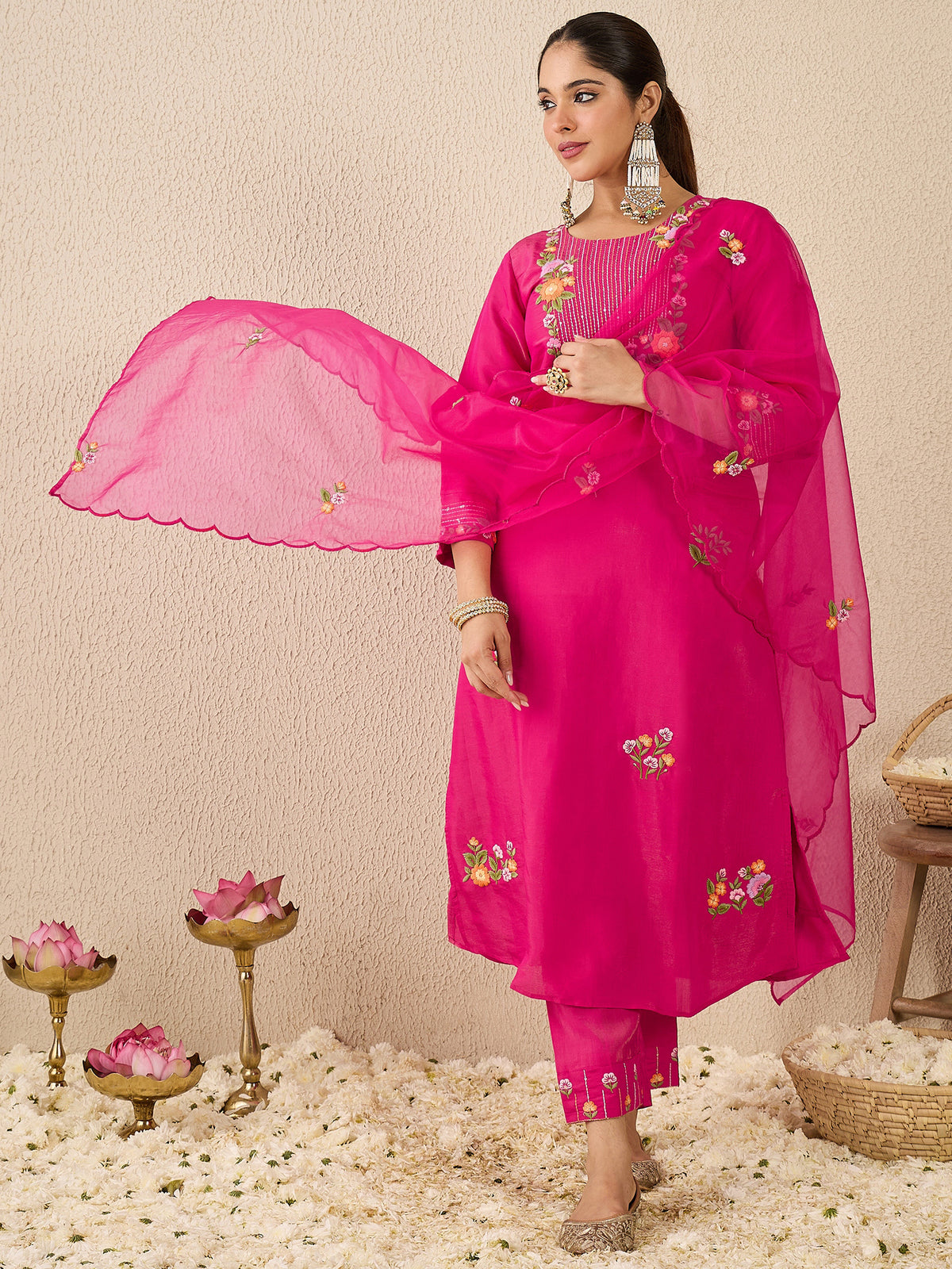Pink Embroidered Straight Kurta Trousers With Dupatta Set